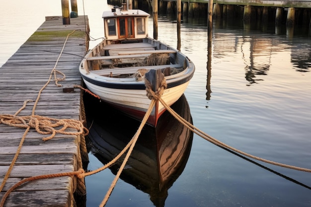 Wooden boat floating near dock with mooring ropes created with generative ai