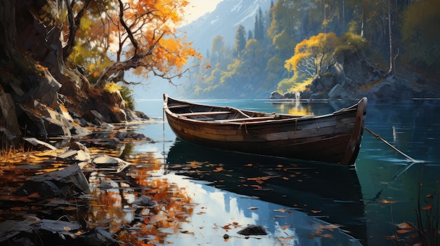 Wooden boat on a lake in the autumn forest digital painting