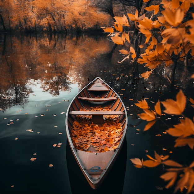 가을 호수에 있는 나무 보트