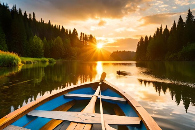 Wooden boat on a lake with the sun setting over the trees