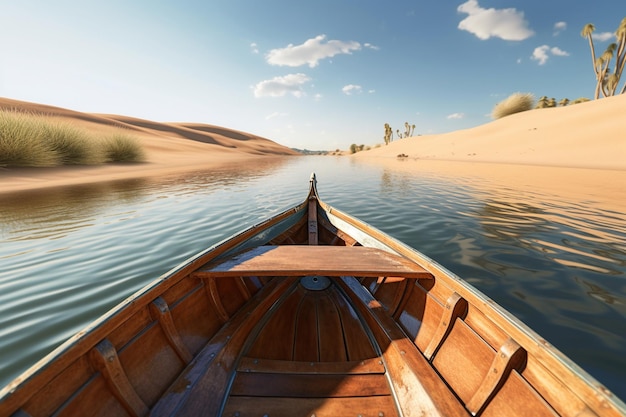 A wooden boat sails along an african river that passes through arid deserts and oases pov wooden