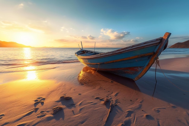 Wooden Boat on Seaside with Scenic Sunset Background