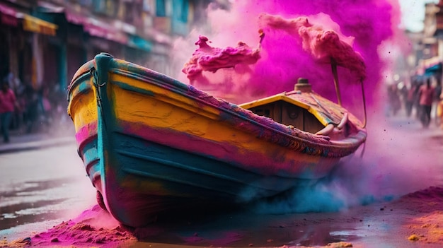 wooden Boat on the street Holi Background