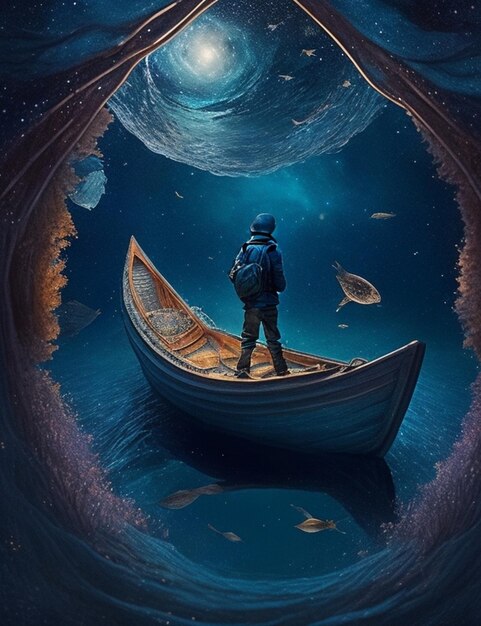 Photo wooden boat submerged beneath the water's surface surrounded by a breathtaking reflection of stars