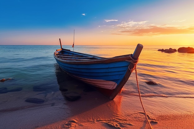 Деревянная лодка на пляже Сансет с живописным видом