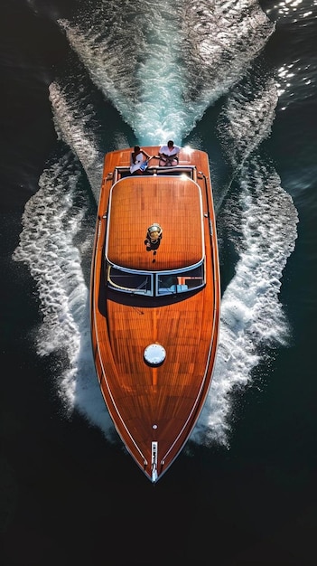 a wooden boat traveling across a body of water