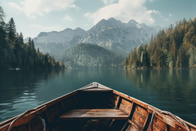 a wooden boat in water with mountains and trees