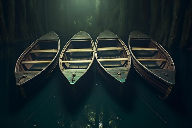 Foto barche di legno su un lago nella foresta in stile vintage