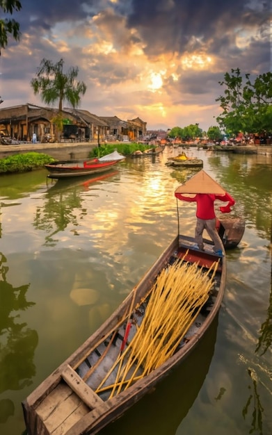 Photo wooden boats on the thu bon river hoi an hoian vietnam