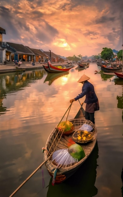 Wooden boats on the Thu Bon River Hoi An Hoian Vietnam