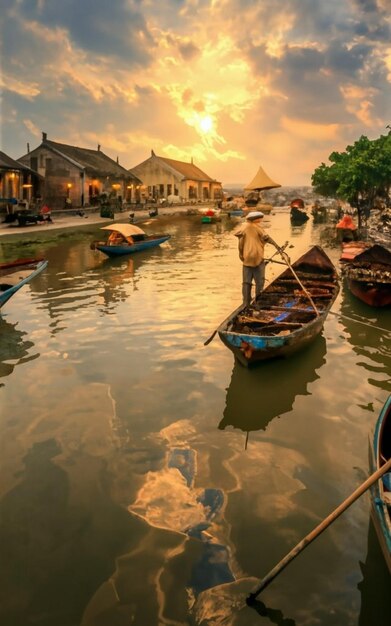 Wooden boats on the Thu Bon River Hoi An Hoian Vietnam