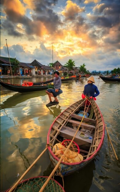 Photo wooden boats on the thu bon river hoi an hoian vietnam