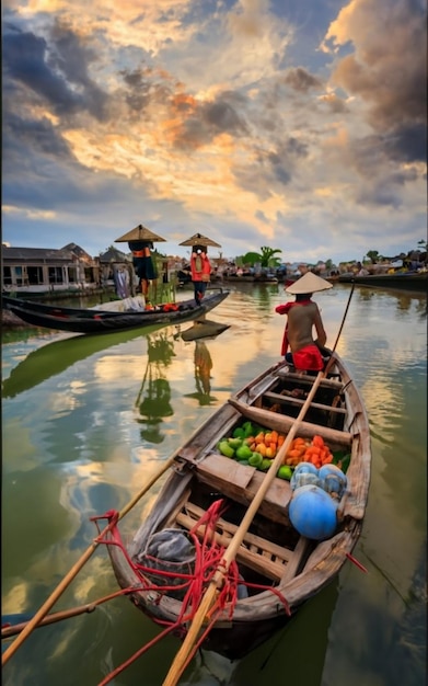 Photo wooden boats on the thu bon river hoi an hoian vietnam