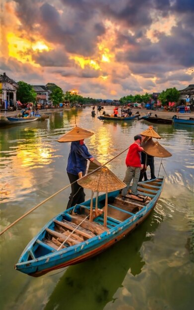 Wooden boats on the Thu Bon River Hoi An Hoian Vietnam