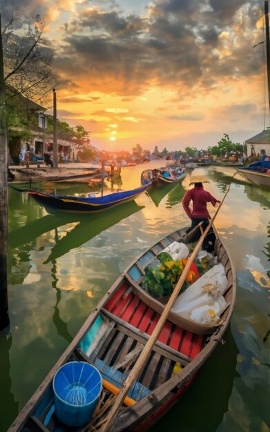 Wooden boats on the Thu Bon River Hoi An Hoian Vietnam