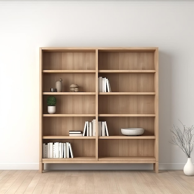 A wooden bookcase with a plant in the corner