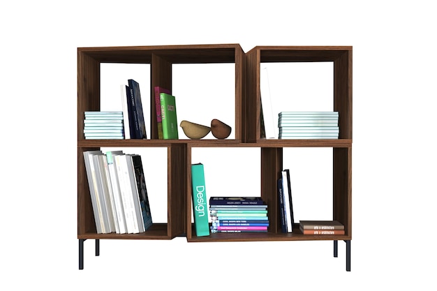 wooden bookcase with six shelves filled with books and two decorative birds