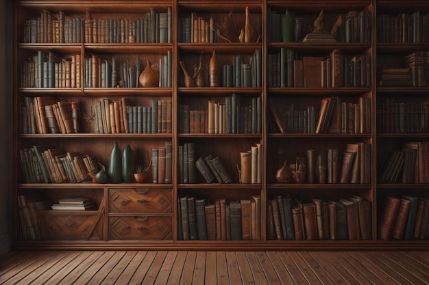 Photo wooden bookshelf with books and vases generative ai