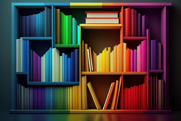 Wooden bookshelf with colored books generative ai