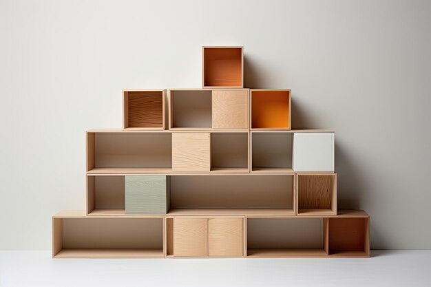 Wooden bookshelves on the white background 3d rendering array of nested boxes The boxes are arranged in a natural manner each containing a contentrich area AI Generated