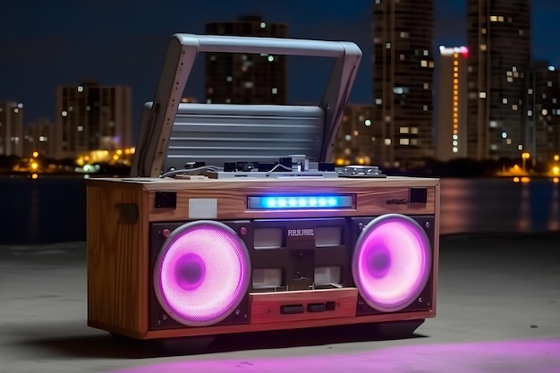 Foto un boombox in legno con luci viola sul davanti