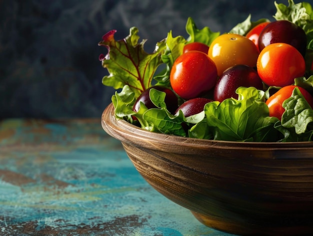 A wooden bowl brimming with an assortment of vibrant green and red vegetables including cherry tomatoes lettuce peppers and cucumbers