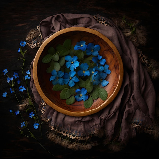 wooden bowl on a dark boho background flowers and airy fabric top view