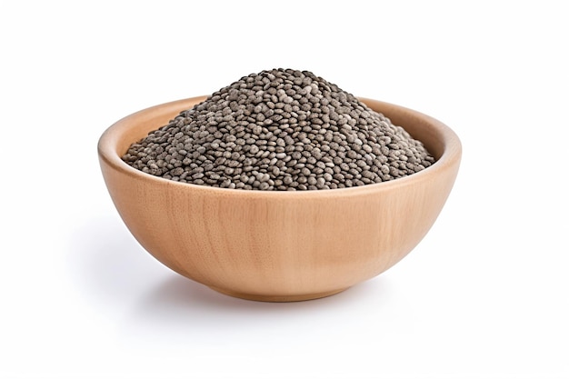 a wooden bowl filled with black lentons