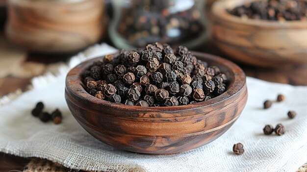 Wooden Bowl Filled With Black Pepper on Table