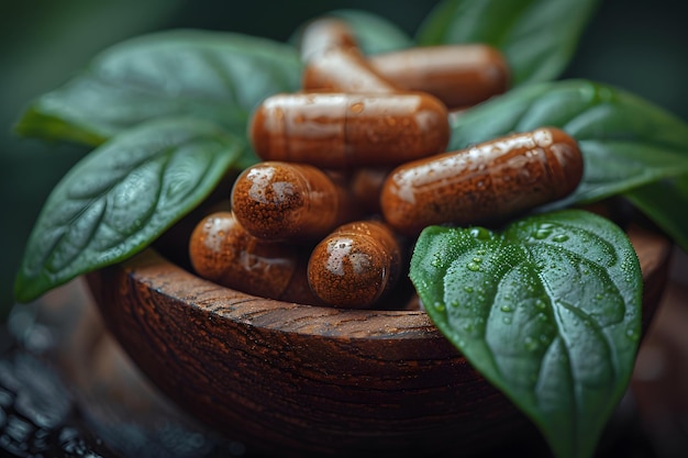 Wooden Bowl Filled With Brown Pills