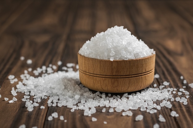 Wooden bowl filled with coarse salt on a wooden table. Ground stone sea salt.