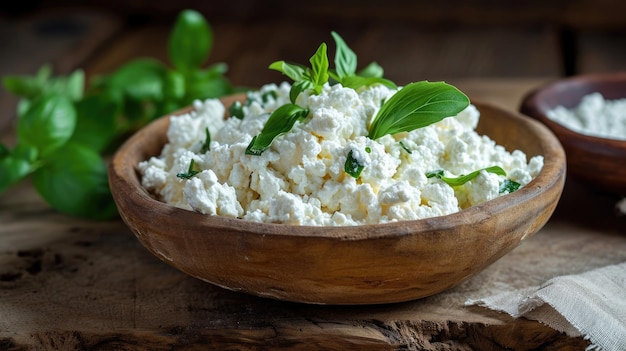 Wooden Bowl Filled With Cottage Cheese on Wooden Table