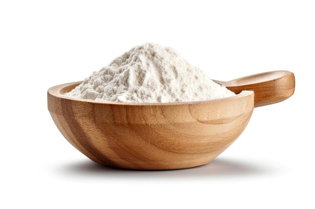 Wooden bowl filled with flour isolated on empty background