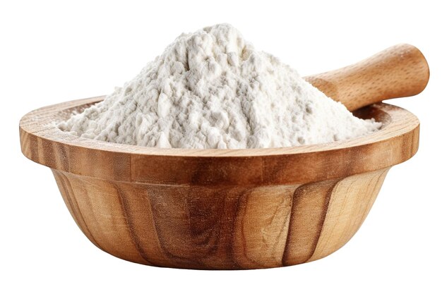 Wooden bowl filled with flour isolated on empty background