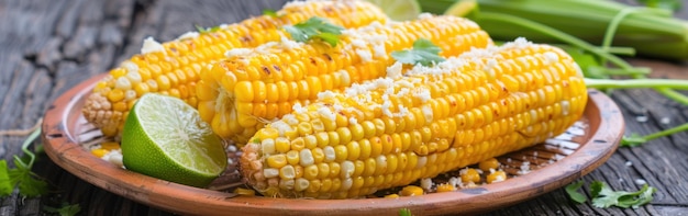 A wooden bowl filled with freshly grilled corn on the cob topped with Parmesan cheese