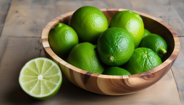 A wooden bowl filled with green limes