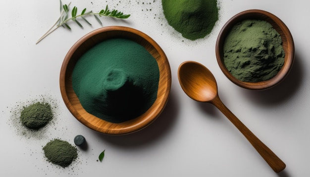 A wooden bowl filled with green powder and a spoon