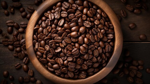 A wooden bowl filled with lots of coffee beans