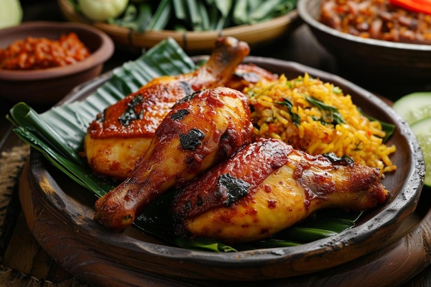 a wooden bowl filled with meat and rice