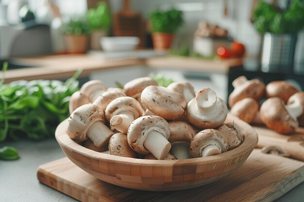 Photo a wooden bowl filled with mushrooms on top of a cutting board