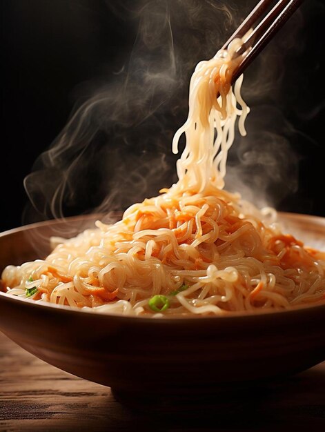 a wooden bowl filled with noodles and chopsticks