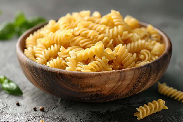 A wooden bowl filled with pasta on top of a table