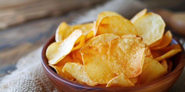 Wooden Bowl Filled With Potato Chips on Table