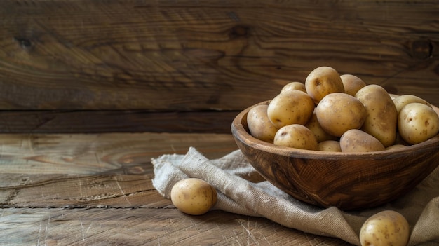 Foto ciotola di legno piena di patate su un tavolo di legno