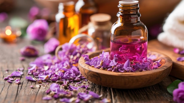 Wooden Bowl Filled With Purple Flowers and Essential Oil Bottles