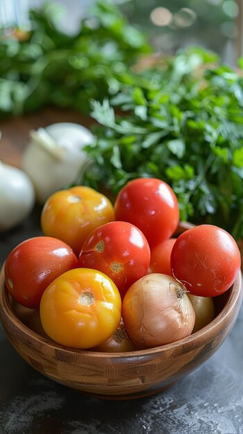 Photo a wooden bowl filled with red and yellow tomatoes and white onions