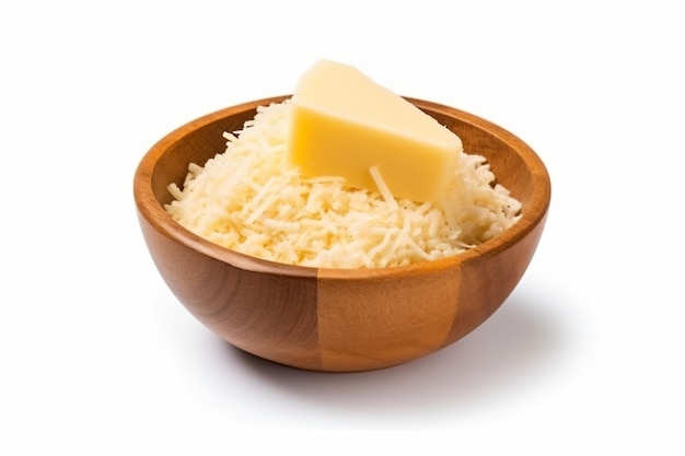 a wooden bowl filled with rice and a block of cheese