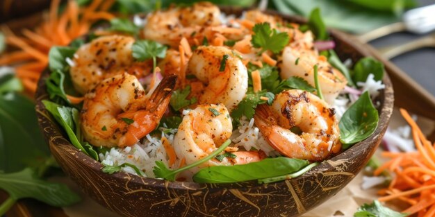 Wooden Bowl Filled With Shrimp and Rice