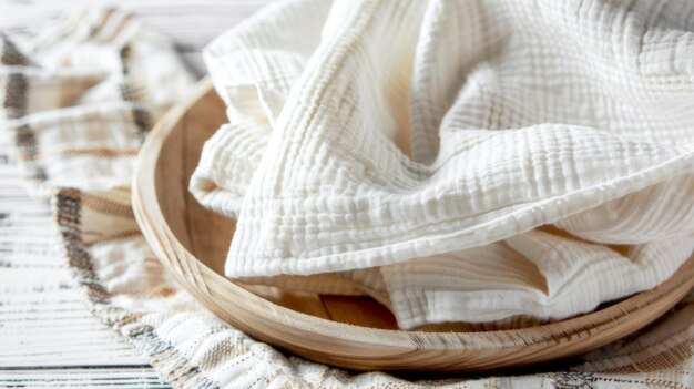 Wooden Bowl Filled With White Cloth on Table