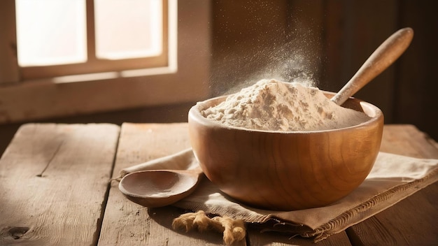 A wooden bowl of flour and wooden spoon